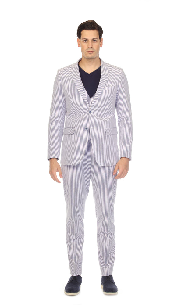 Men's Slim Fit Two Button Blue Seersucker Suit