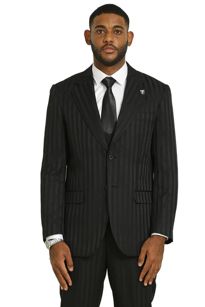 Mens Two Button Modern Fit Vested Suit in Black Tonal Shadow Pinstripe