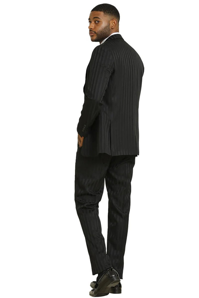 Mens Two Button Modern Fit Vested Suit in Black Tonal Shadow Pinstripe