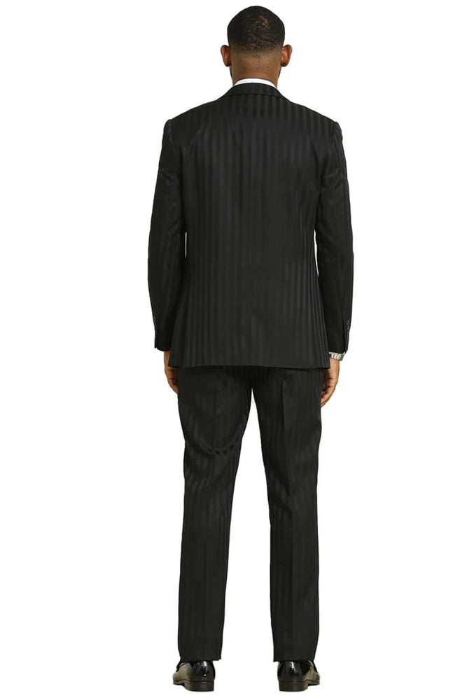 Mens Two Button Modern Fit Vested Suit in Black Tonal Shadow Pinstripe