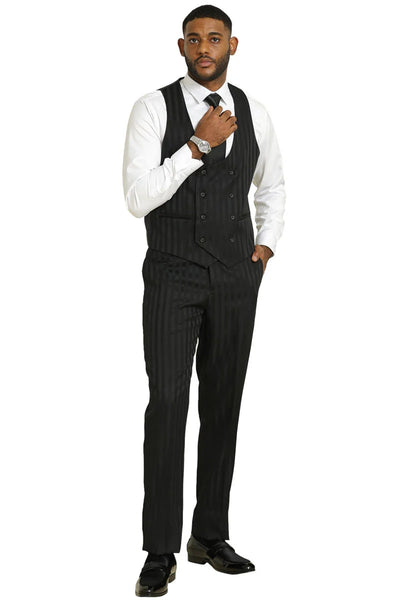 Mens Two Button Modern Fit Vested Suit in Black Tonal Shadow Pinstripe