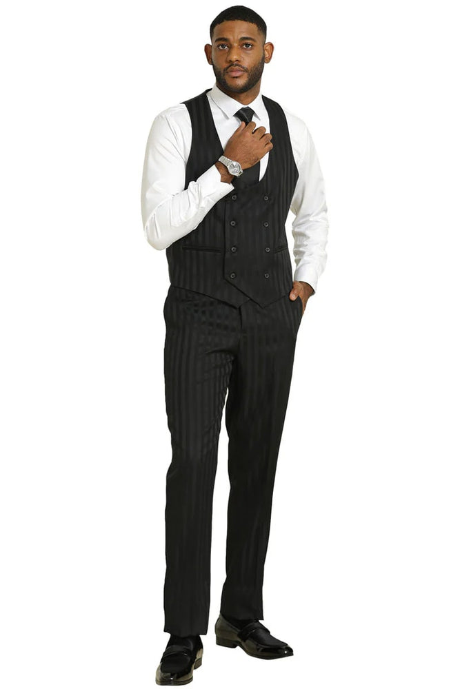 Mens Two Button Modern Fit Vested Suit in Black Tonal Shadow Pinstripe