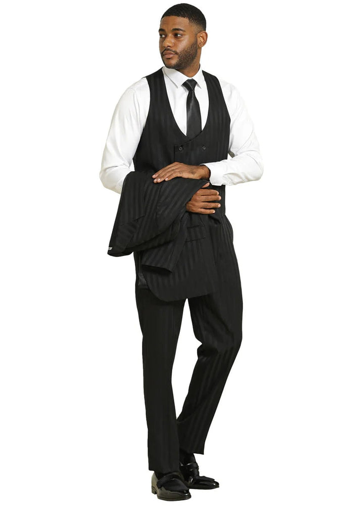 Mens Two Button Modern Fit Vested Suit in Black Tonal Shadow Pinstripe
