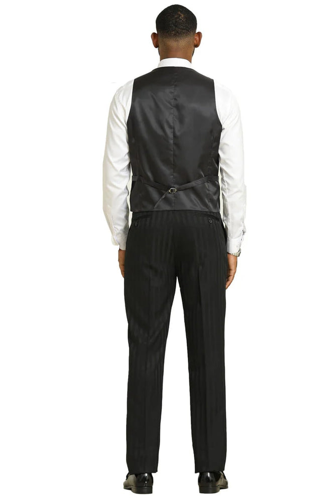 Mens Two Button Modern Fit Vested Suit in Black Tonal Shadow Pinstripe