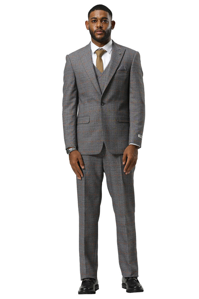 Men's Stacy Adams One Button Peak Lapel Suit With Double Breasted Vest in Grey Glen Plaid