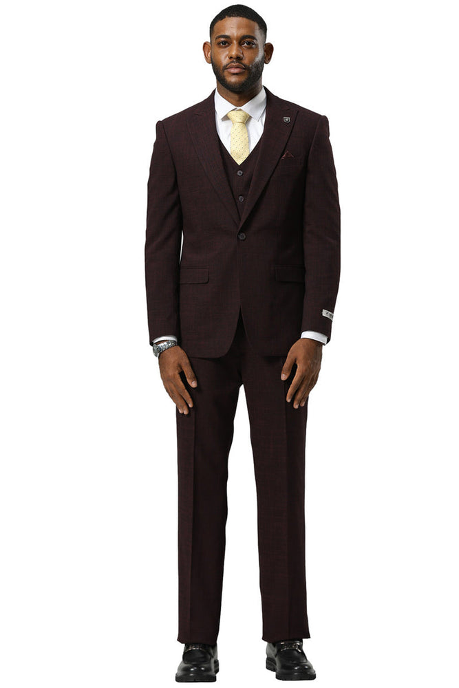 Men's Stacy Adams One Button Peak Lapel Vested Sharkskin Suit in Burgundy