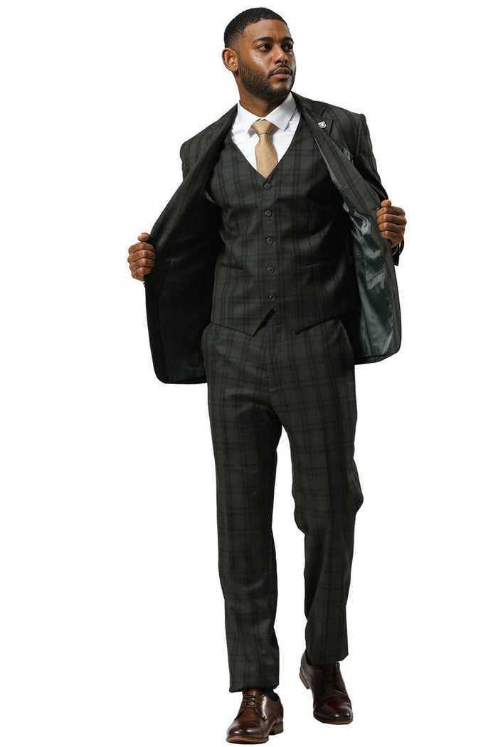 Men's Stacy Adams Modern Fit Vested Suit in Dark Hunter Green Double Windowpane Plaid