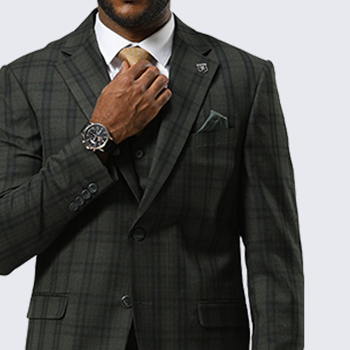 Green Watch Plaid Three Piece Suit By Stacy Adams- Wedding - Prom