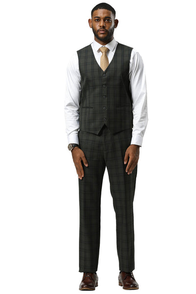 Men's Stacy Adams Modern Fit Vested Suit in Dark Hunter Green Double Windowpane Plaid