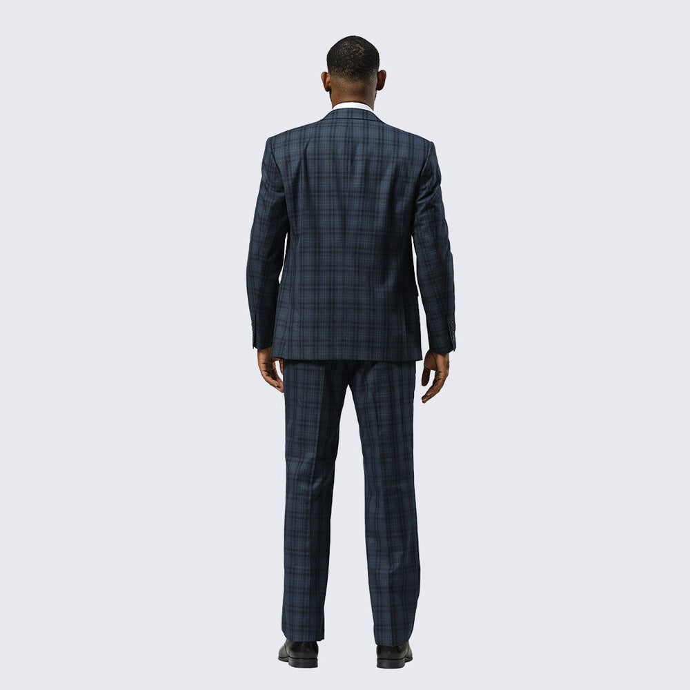 Navy Blue Watch Plaid Three Piece Suit By Stacy Adams- Wedding - Prom