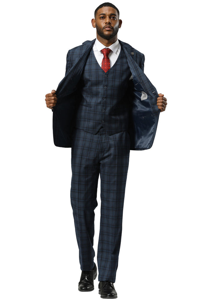 Men's Stacy Adams Modern Fit Vested Suit in Navy Blue Double Windowpane Plaid