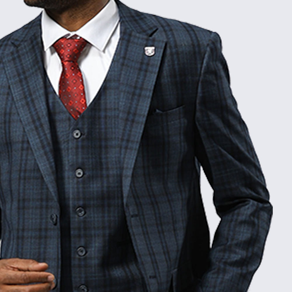 Navy Blue Watch Plaid Three Piece Suit By Stacy Adams- Wedding - Prom
