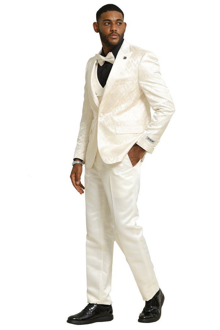 Men's Stacy Adams Shiny Brocade Wedding & Prom Tuxedo with Double Breasted Vest in Ivory