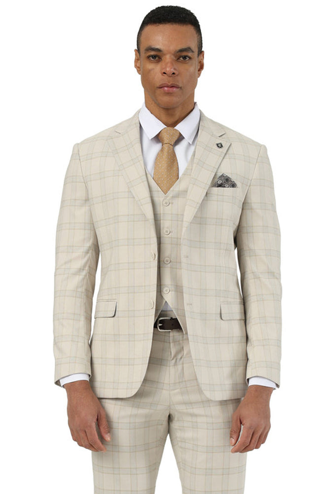 Men's Designer Stacy Adams Vested Glen Plaid Suit in Beige