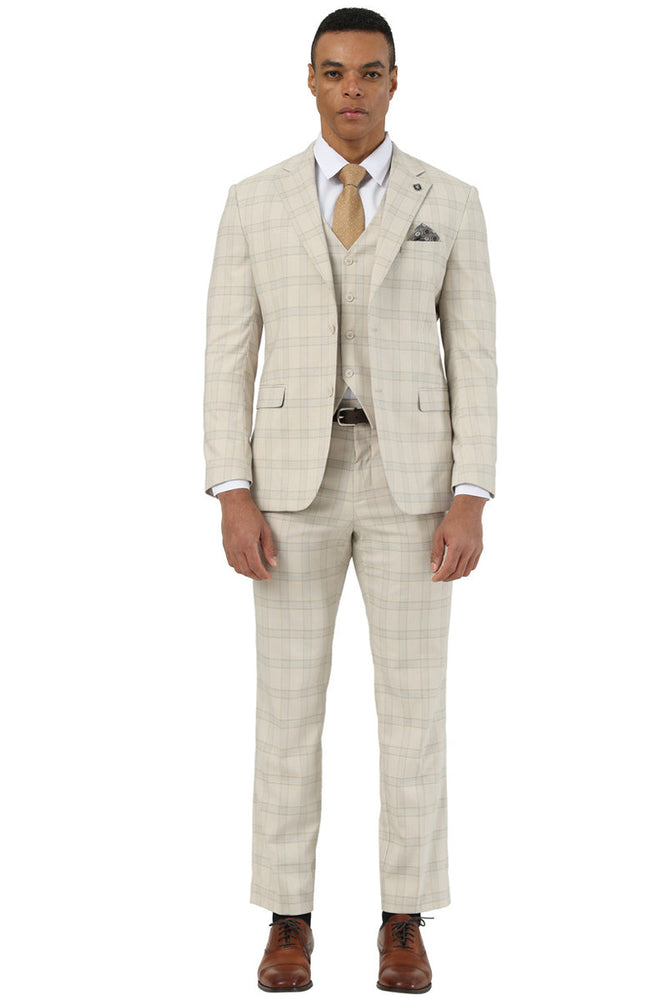 Men's Designer Stacy Adams Vested Glen Plaid Suit in Beige
