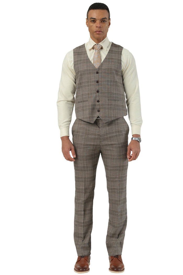 Men's Stacy Adams Two Button Wide Notch Lapel Vested Suit in Brown Glen Plaid
