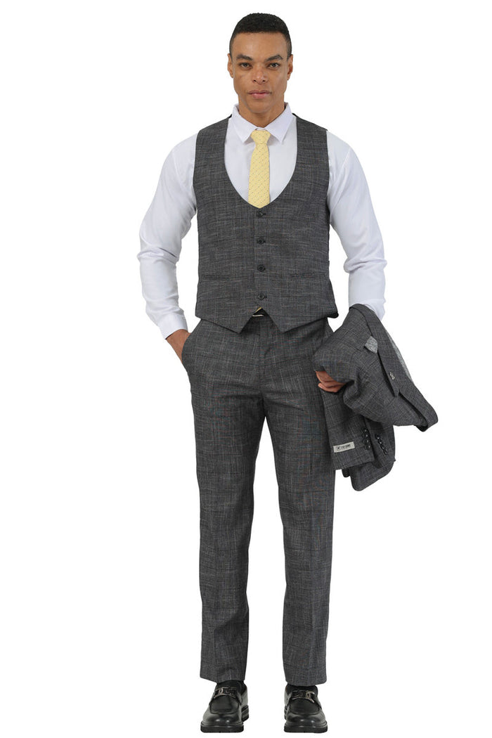 Men's Stacy Adams One Button Peak Lapel Vested Suit in Black Sharkskin Windowpane