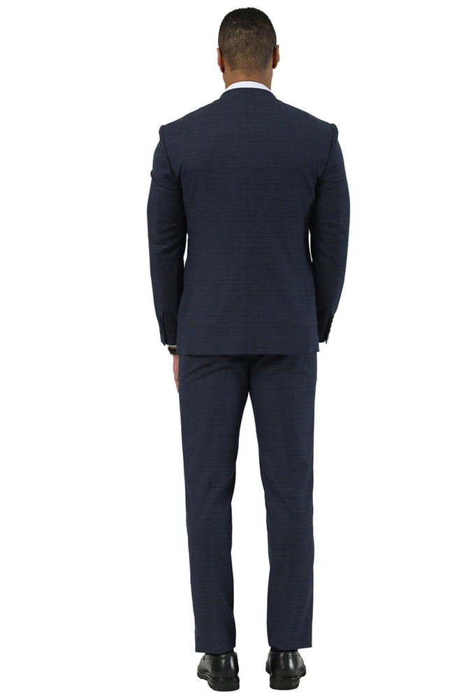 Men's Stacy Adams Two Button Peak Lapel Suit with Scoop Vest in Navy Glen Plaid