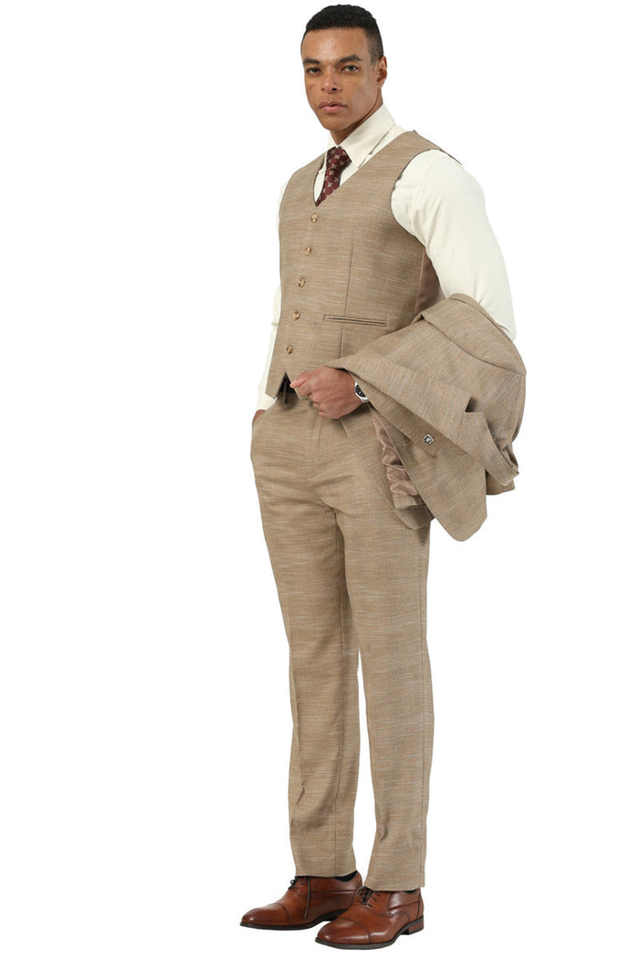 Men's Stacy Adams Vested Sharkskin Pattern Business Suit in Tan