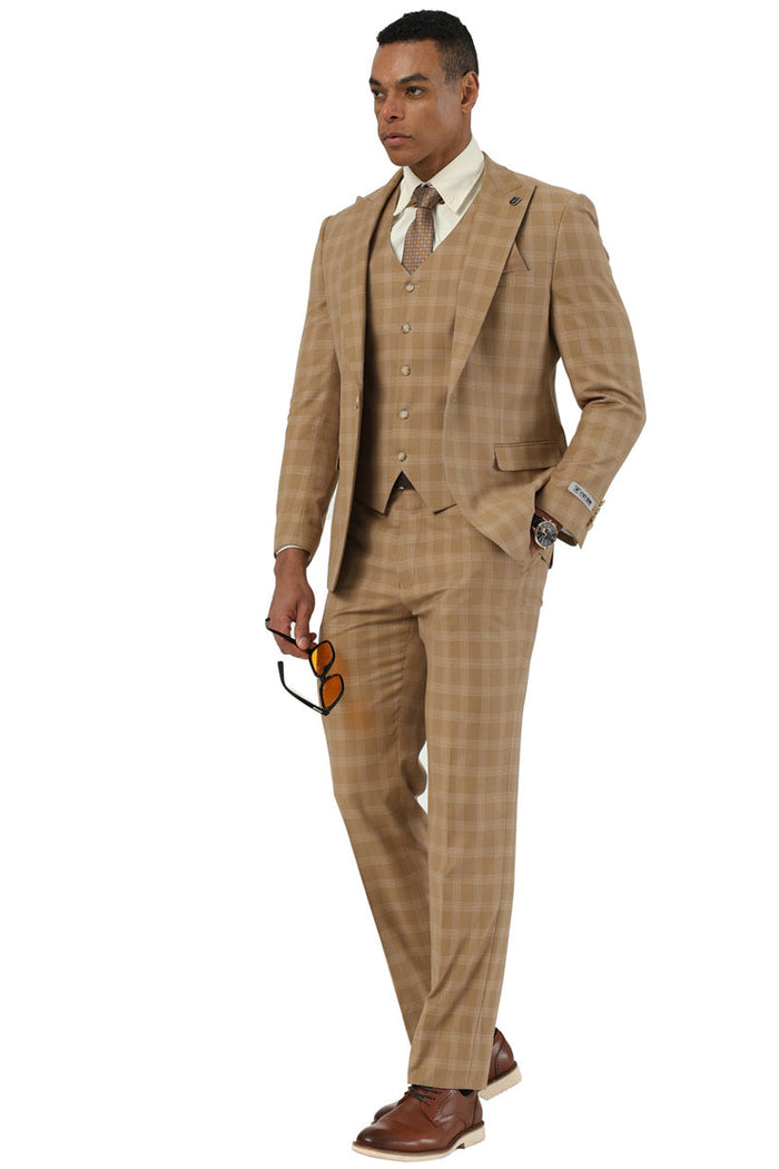 Men's Stacy Adams One Button Vested Peak Lapel Suit in Taupe Plaid