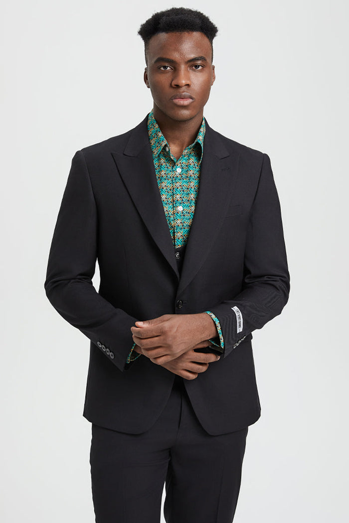Men's Vested One Button Peak Lapel Stacy Adams Designer Suit in Black