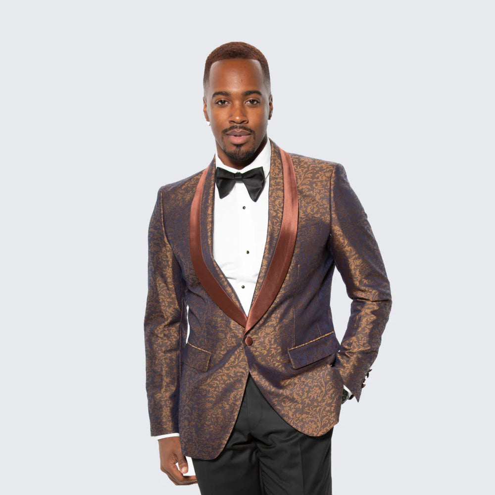 Mens Brown Paisley Tuxedo with Brown Satin Lapel and Black Pants – Formal Wedding Suit with Chain Brooch