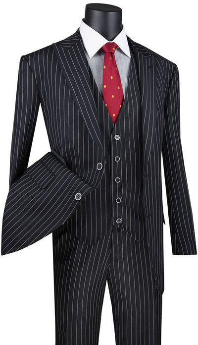 Odyssey Collection - Black Regular Fit 3 Piece Suit 2 Button Gangster Stripe