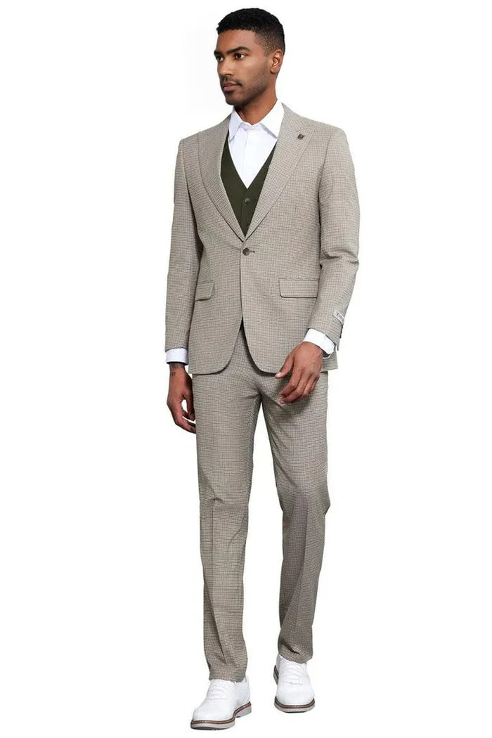 Men's Stacy Adams One Button Peak Lapel Vested Micro Check in Sage Green