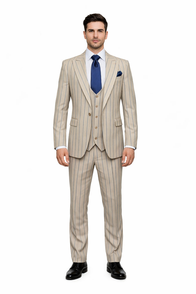 Sandline Beige & Blue Pinstripe 3-Piece Executive Suit by Rossiman