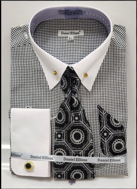 Mens Black Houndstooth Dress Shirt Set with Cuff