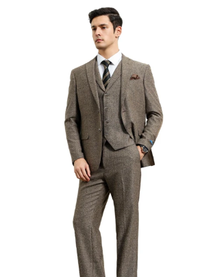 SKU#JA60731 Groomsmen Tweed Suit - Brown Herringbone Suit
