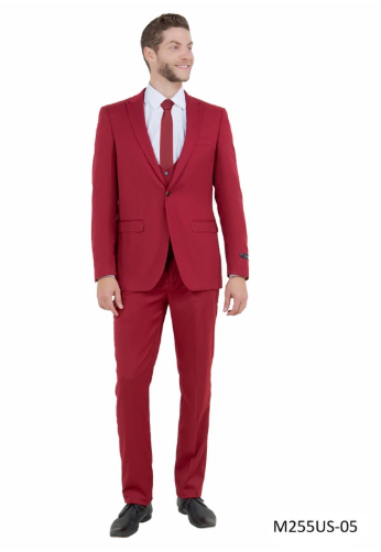 Men’s Red 3 Piece Suit, Tapered European Cut Formal Wedding Prom Suit