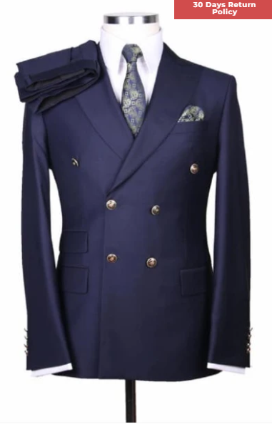 Men’s Navy Blue Double Breasted Blazer, Formal Sport Coat with Gold Buttons