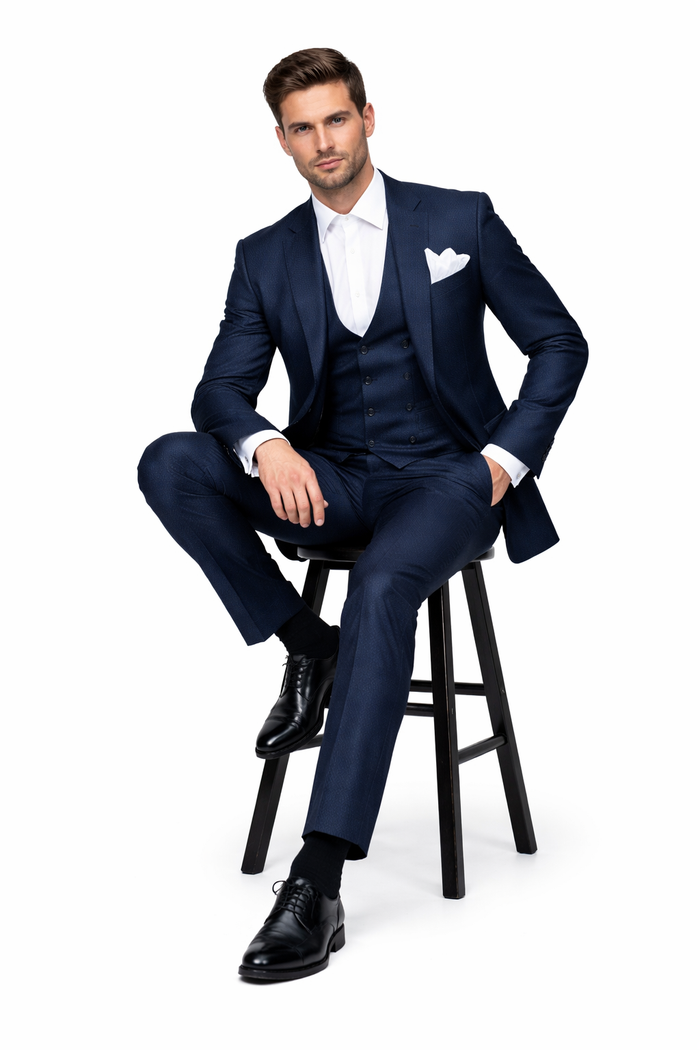 Midnight Navy Textured 3-Piece Luxury Gala Suit with White Accents by Rossiman