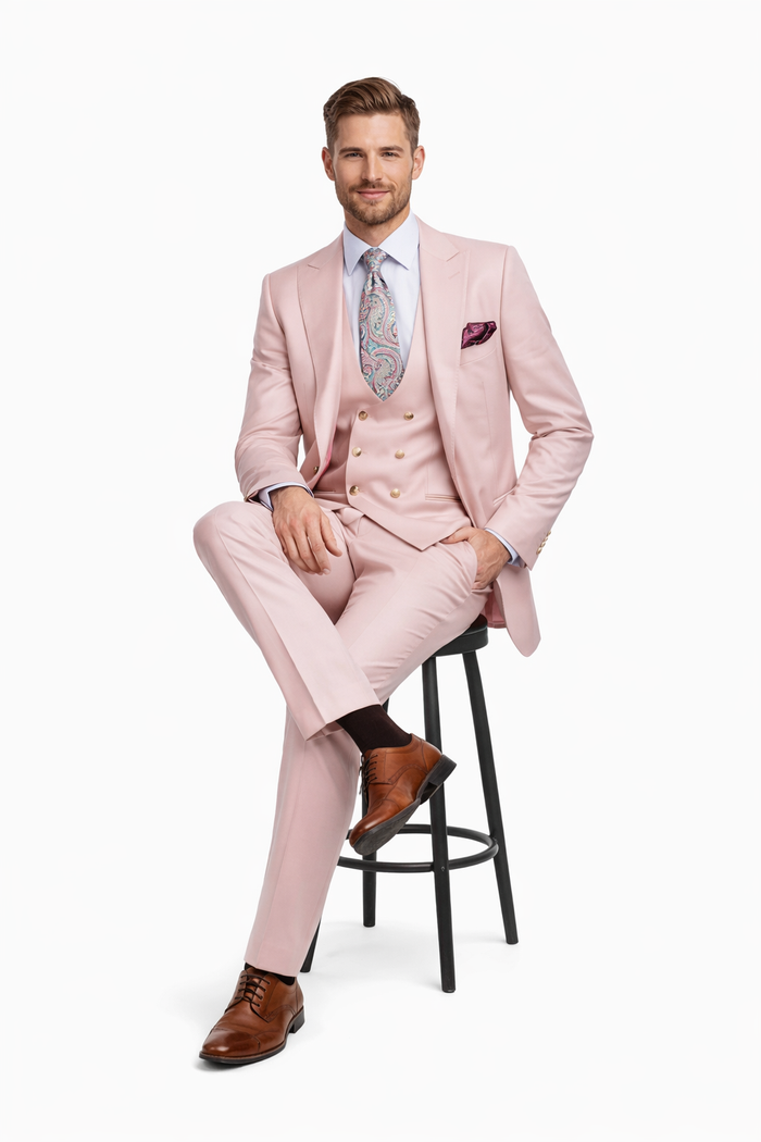 Blush Pink 3-Piece Suit with Double-Breasted Vest by Rossiman