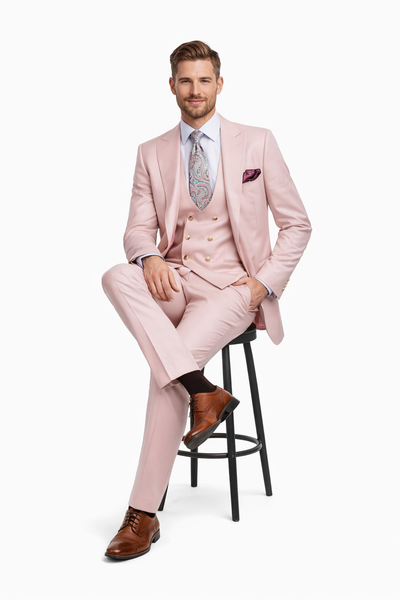 Blush Pink 3-Piece Suit with Double-Breasted Vest by Rossiman
