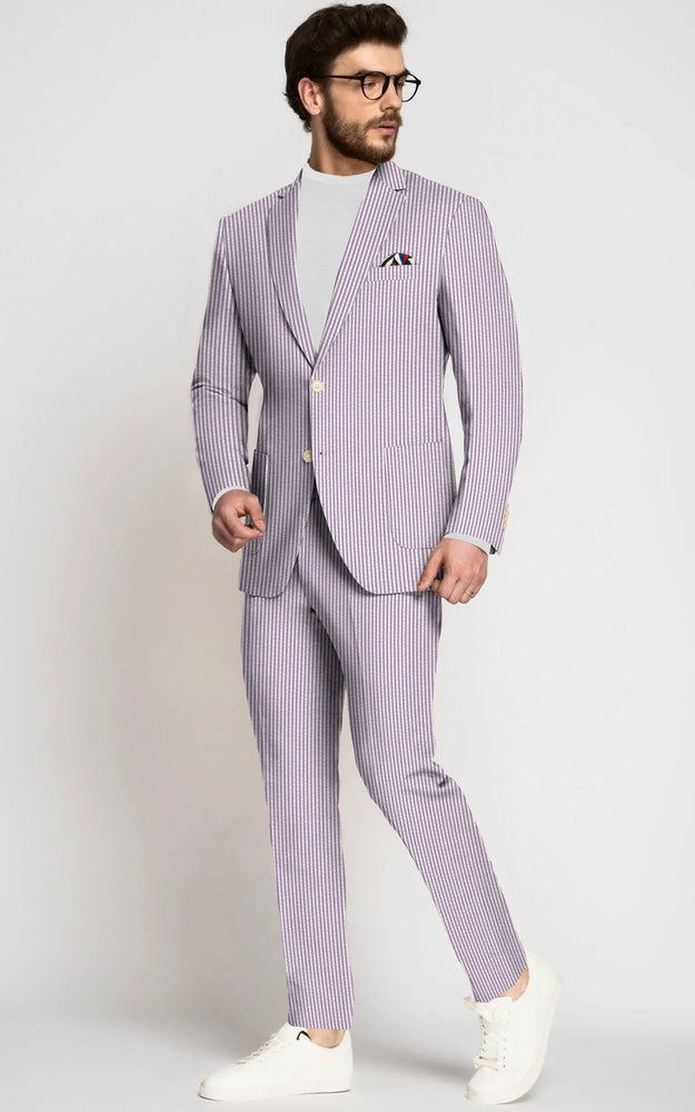 Mens Lavender Seersucker Suit Blazer + Pants Cotton Fabric - Summer Fabric