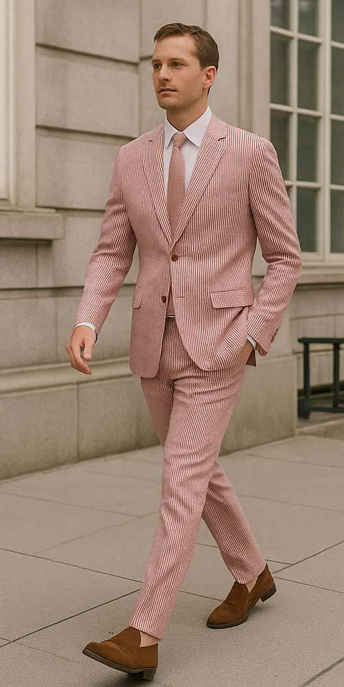 Seersucker Suit Mens Red/White Cotton Blend Modern Fit Suits