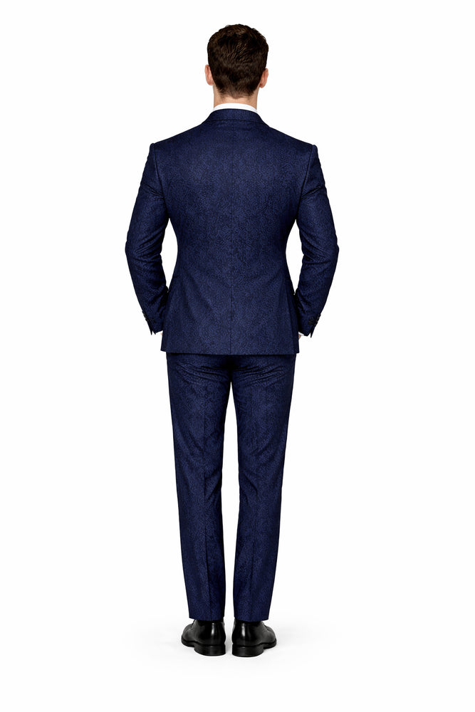 Rossiman Men’s Navy Blue Seersucker Suit – Peak Lapel Suit with Tone-on-Tone Shadow Stripe