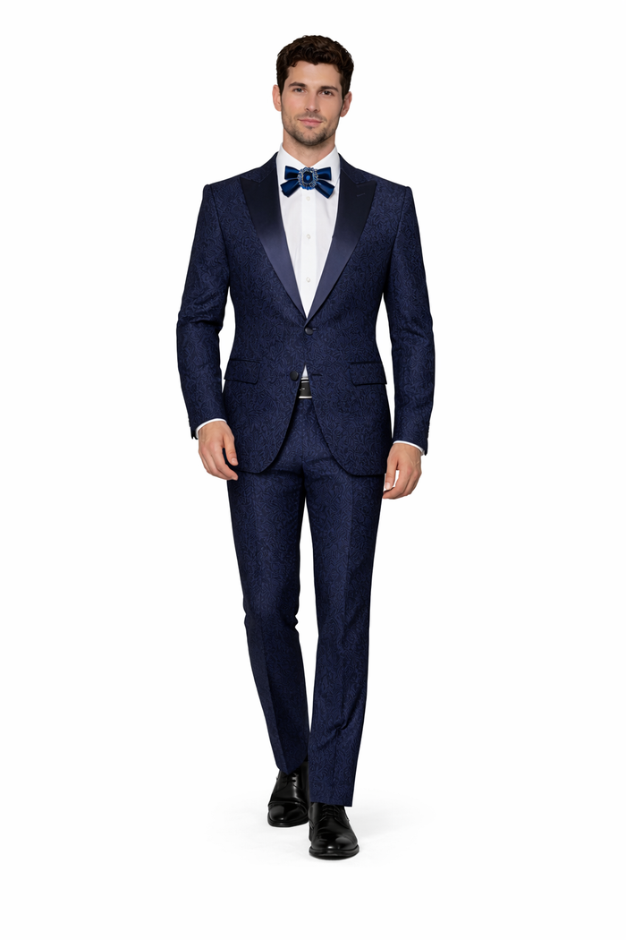 Rossiman Men’s Navy Blue Seersucker Suit – Peak Lapel Suit with Tone-on-Tone Shadow Stripe