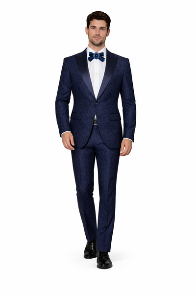 Rossiman Men’s Navy Blue Seersucker Suit – Peak Lapel Suit with Tone-on-Tone Shadow Stripe