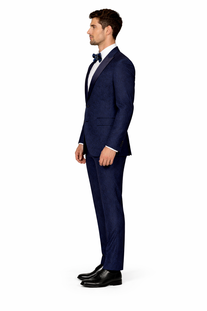 Rossiman Men’s Navy Blue Seersucker Suit – Peak Lapel Suit with Tone-on-Tone Shadow Stripe