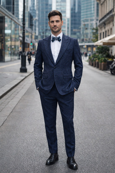 Rossiman Men’s Navy Blue Seersucker Suit – Peak Lapel Suit with Tone-on-Tone Shadow Stripe