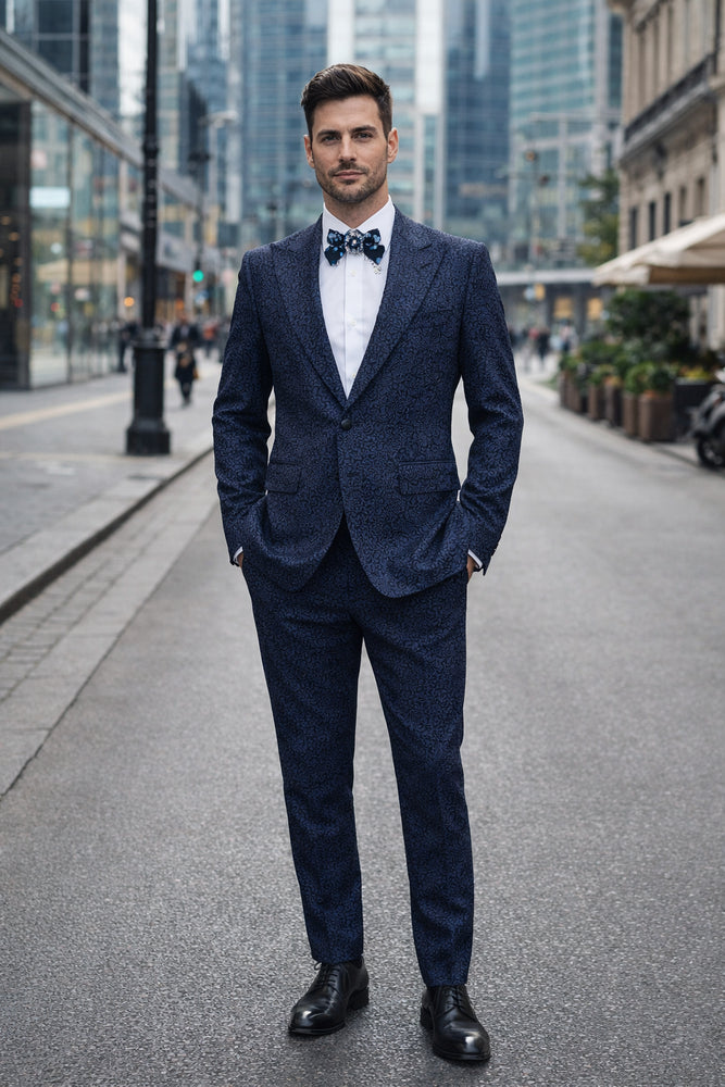 Rossiman Men’s Navy Blue Seersucker Suit – Peak Lapel Suit with Tone-on-Tone Shadow Stripe