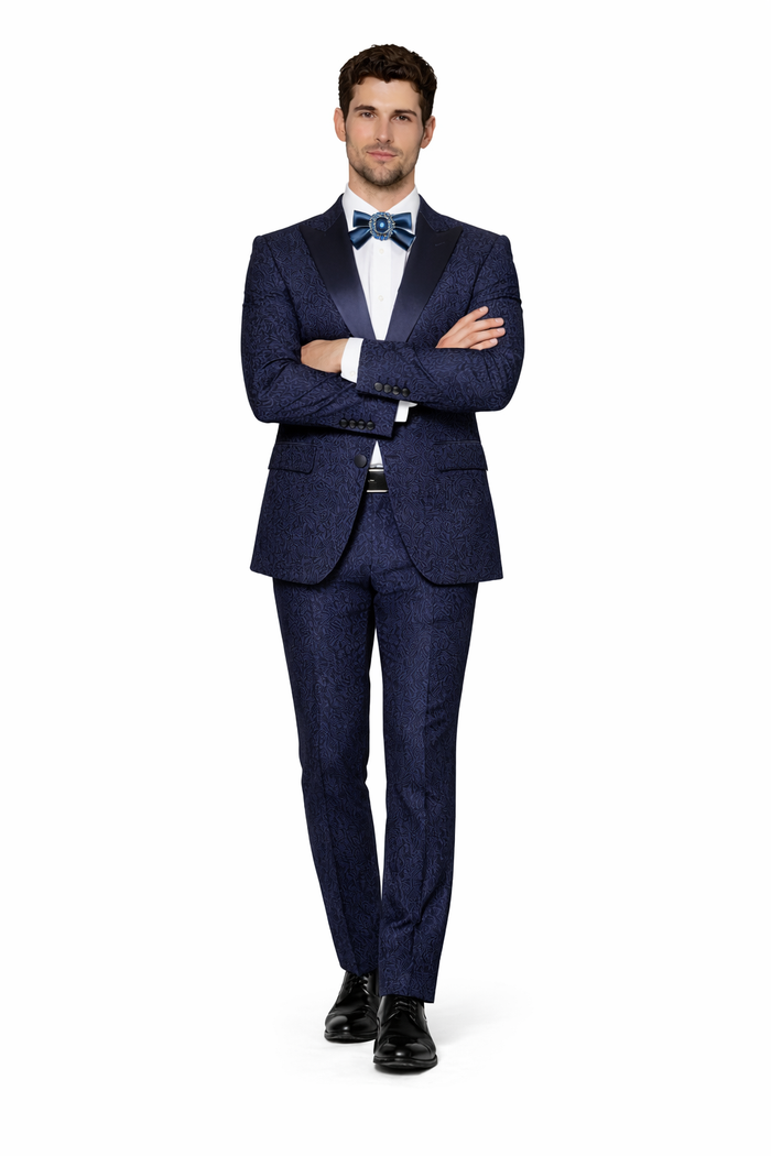 Rossiman Men’s Navy Blue Seersucker Suit – Peak Lapel Suit with Tone-on-Tone Shadow Stripe