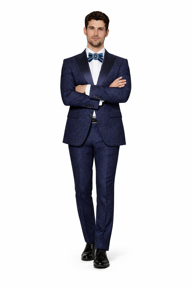 Rossiman Men’s Navy Blue Seersucker Suit – Peak Lapel Suit with Tone-on-Tone Shadow Stripe