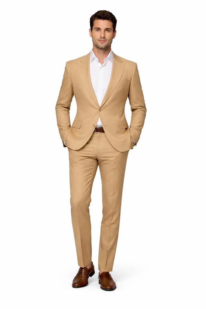 Rossiman Men’s Tan Seersucker Suit – Peak Lapel Formalwear with Tone-on-Tone Shadow Stripe