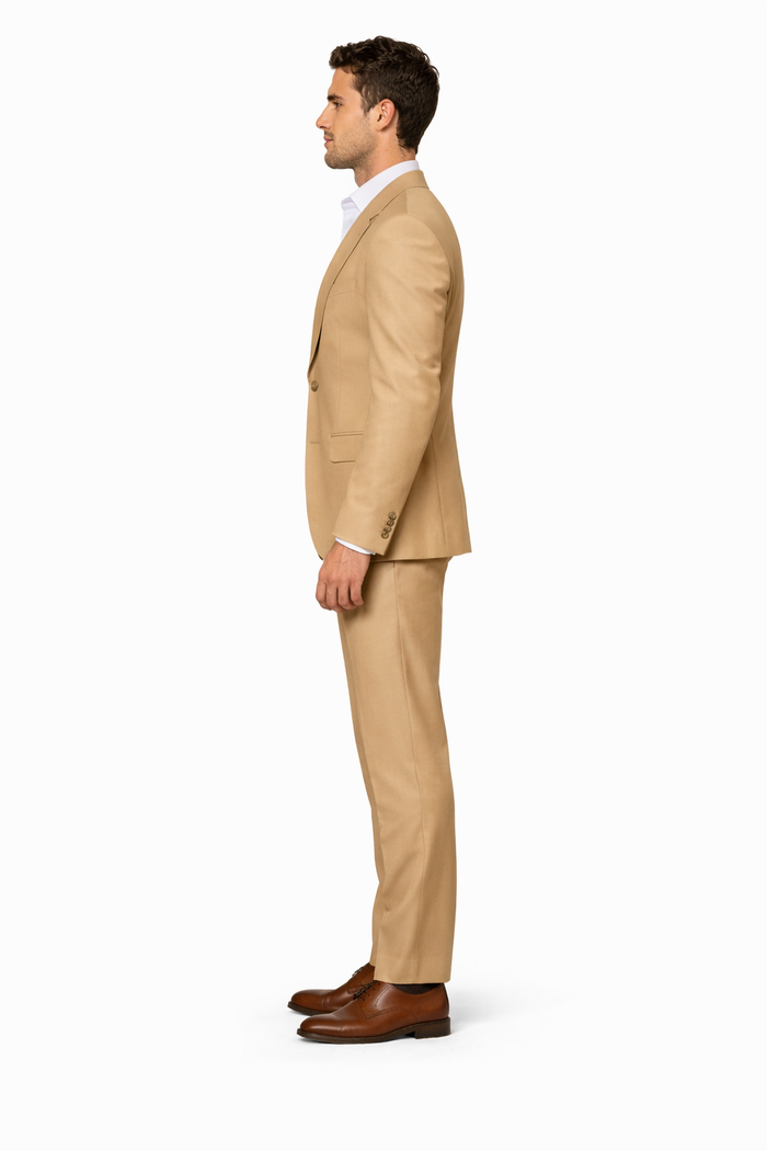 Rossiman Men’s Tan Seersucker Suit – Peak Lapel Formalwear with Tone-on-Tone Shadow Stripe