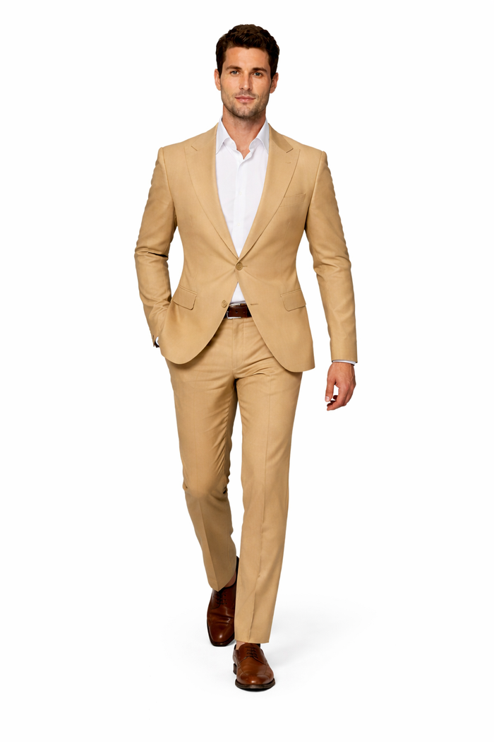 Rossiman Men’s Tan Seersucker Suit – Peak Lapel Formalwear with Tone-on-Tone Shadow Stripe