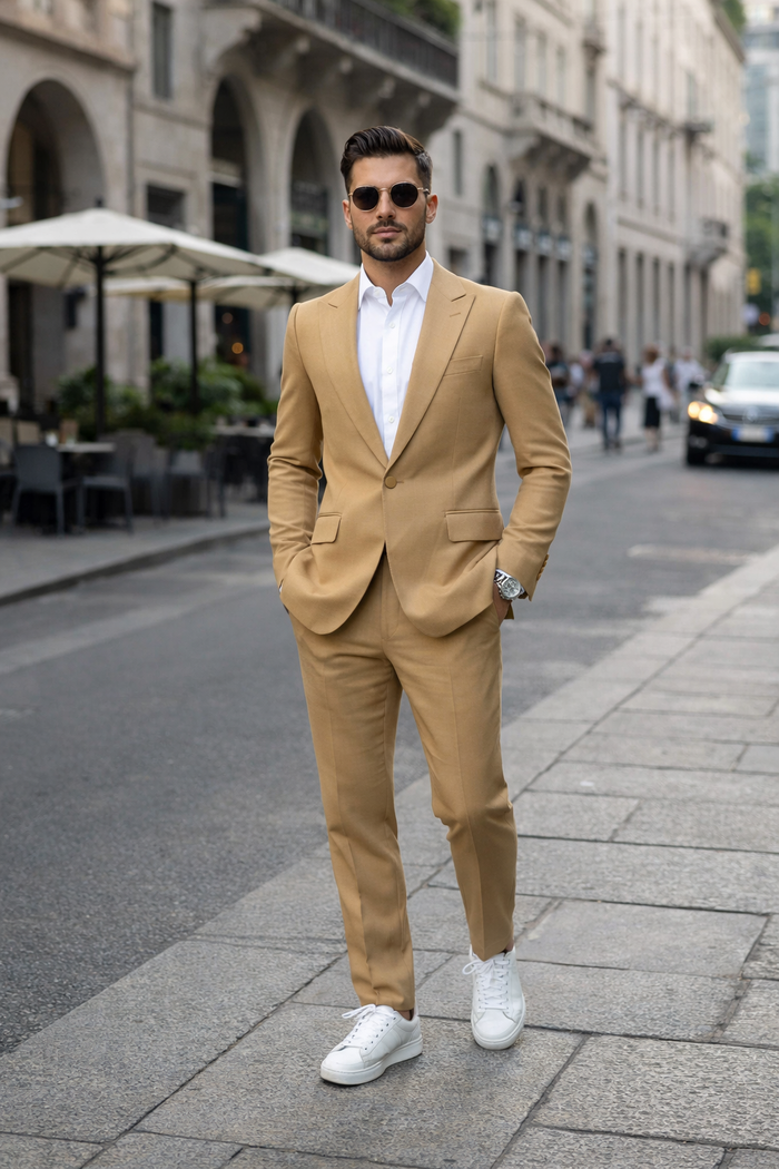 Rossiman Men’s Tan Seersucker Suit – Peak Lapel Formalwear with Tone-on-Tone Shadow Stripe